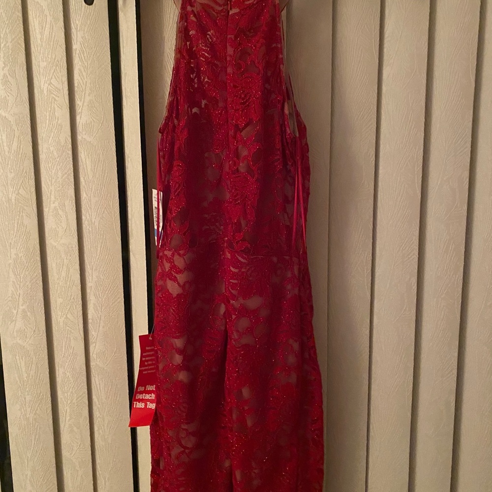 Red lace cocktail dress. Tan underlay.